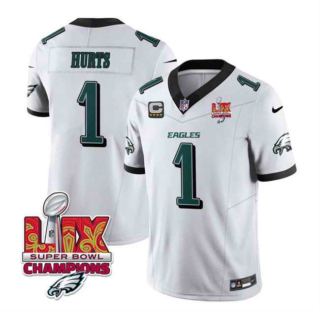 Men's Philadelphia Eagles #1 Jalen Hurts White 2025 Eagles Logo Super Bowl LIX Patch And 4-Star C Patch New F.U.S.E. Vapor Untouchable Limited Stitched Football Jersey